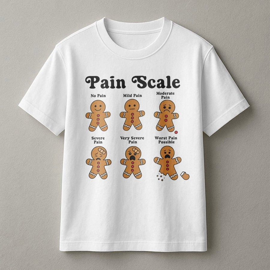 Gingerbread Pain Scale T-Shirt | Funny Nursing Christmas Humor Graphic Tee | 100% Cotton Premium Gift for RN Nurses & Medical Staff