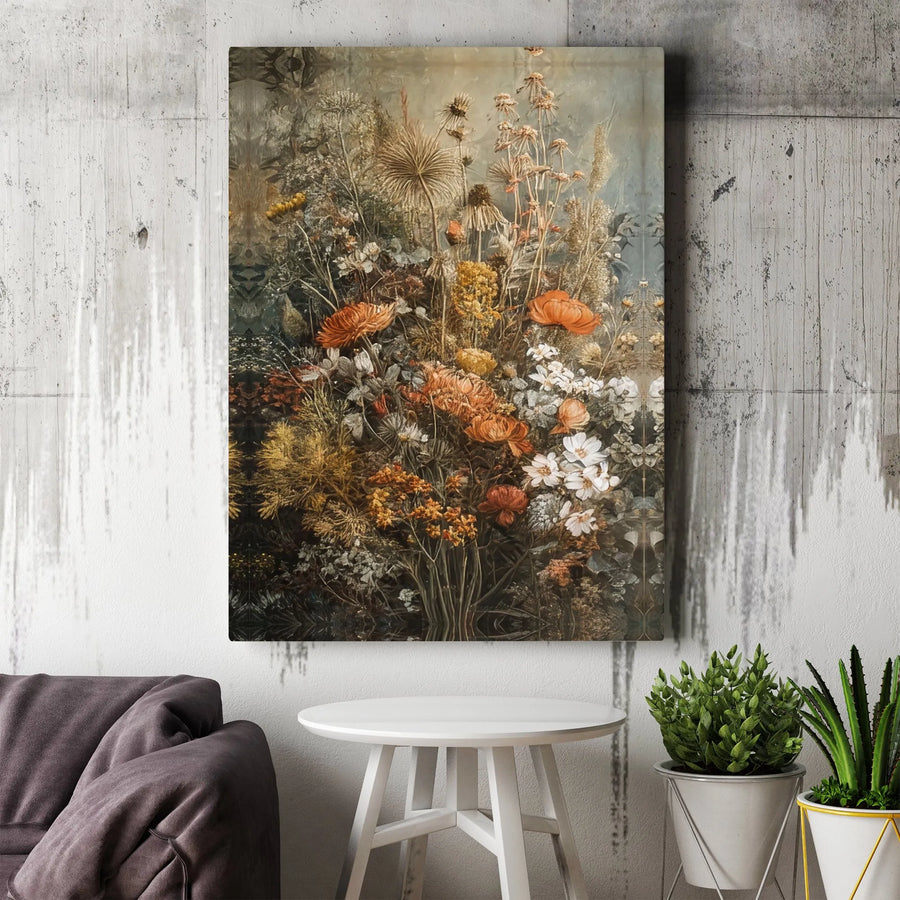 Moody Floral Bouquet Canvas Art | Vintage Dried Flower Still Life | Gallery Wrapped Premium Print | Boho Botanical Wall Decor for Home