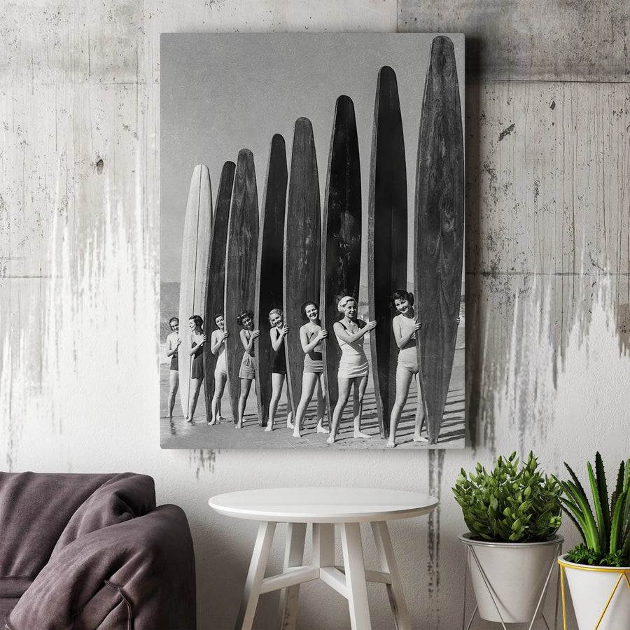Vintage Surfer Girls Canvas Print | Black & White Classic Surf Photography | Premium Gallery Wrap Canvas | Beach House Wall Decor Gift