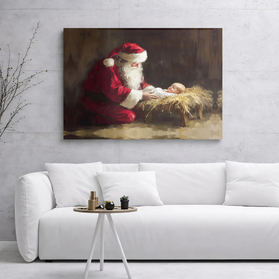 Santa Kneeling Before Baby Jesus Canvas Print | Religious Christmas Wall Art | Premium Gallery Wrapped Decor | Heartwarming Holiday Gift
