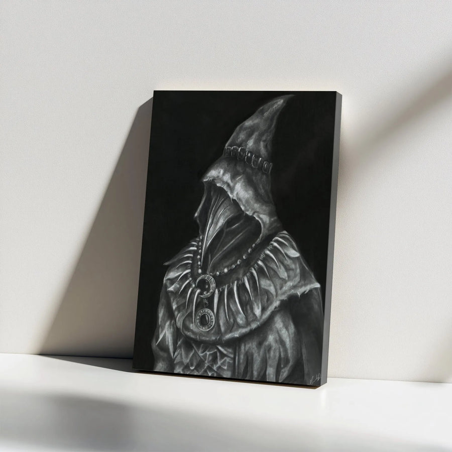 Dark Sorcerer Vertical Canvas | Mysterious Hooded Figure in Charcoal Sketch Style | Premium High-Resolution Print | Gothic Home Decor Collector's Gift