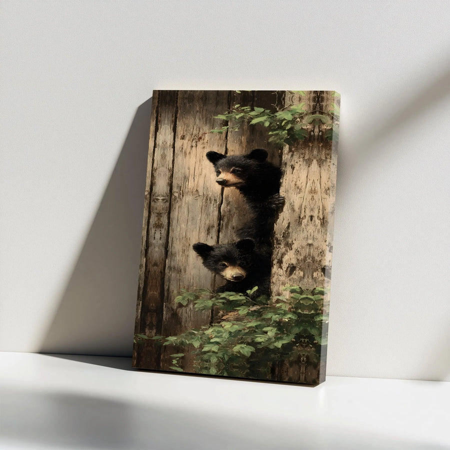 Black Bear Cubs Canvas Print | Rustic Forest Wildlife Photography | Premium Gallery Wrapped Wall Art | Cabin Lodge & Nursery Decor Gift