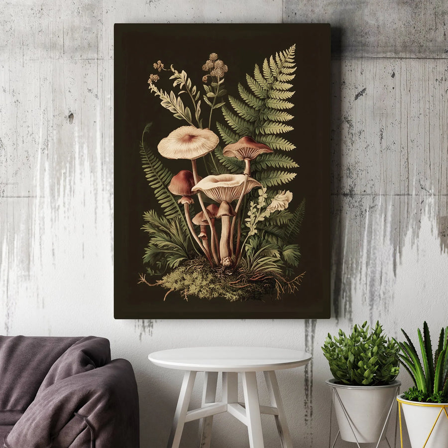 Botanical Mushroom Canvas Wall Art | Vintage Forest Fern Illustration | Gallery Quality Framed Print | Nature Inspired Home Decor Gift