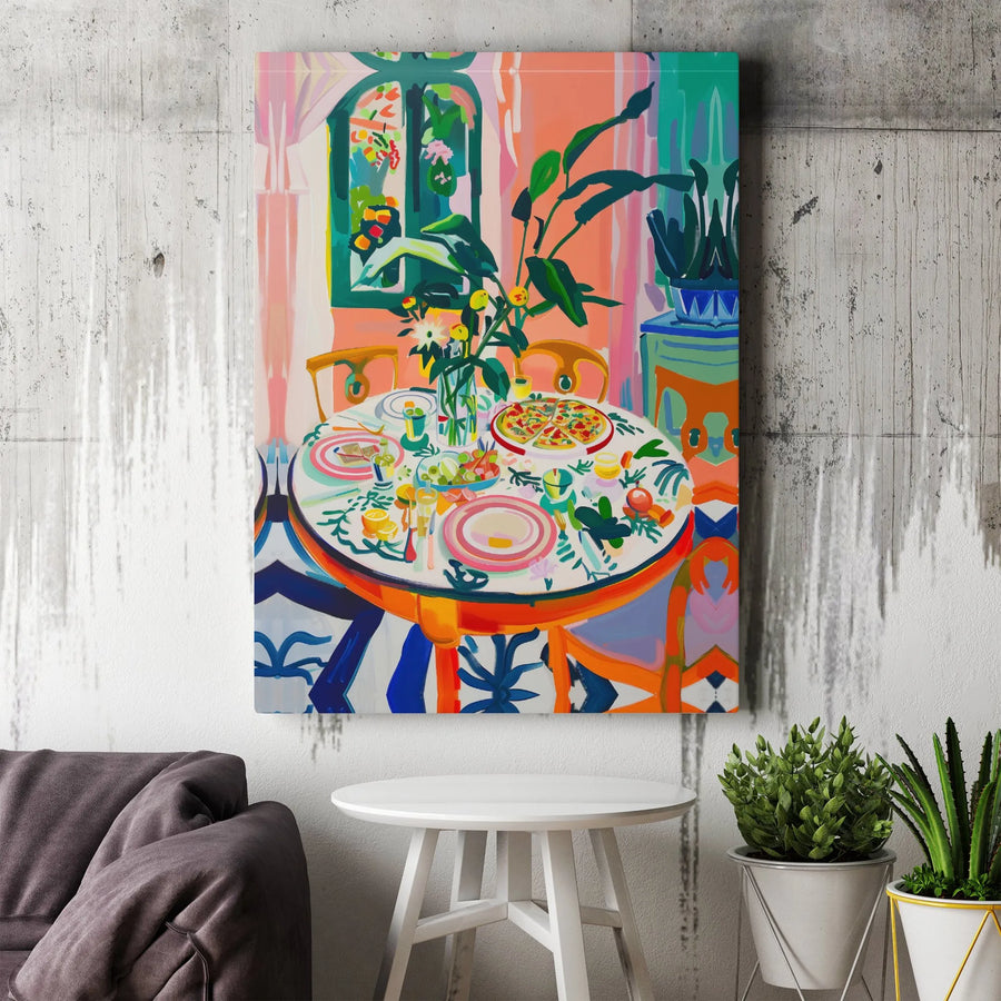 Abstract Dining Table Canvas Wall Art | Colorful Pizza Dinner Still Life | 1.25 Inch Gallery Wrap | Modern Kitchen & Dining Room Decor