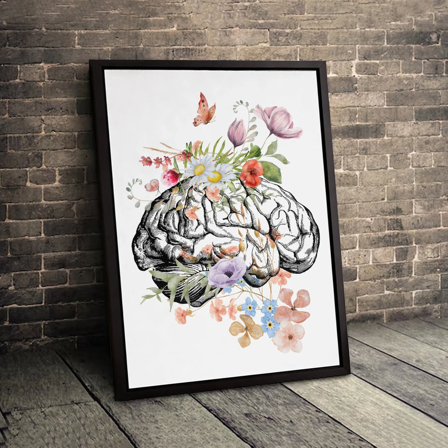 Anatomical Brain Canvas Print | Watercolor Wildflower Floral Art | 1.25-Inch Premium Gallery Wrap | Mental Health Decor & Office Gift