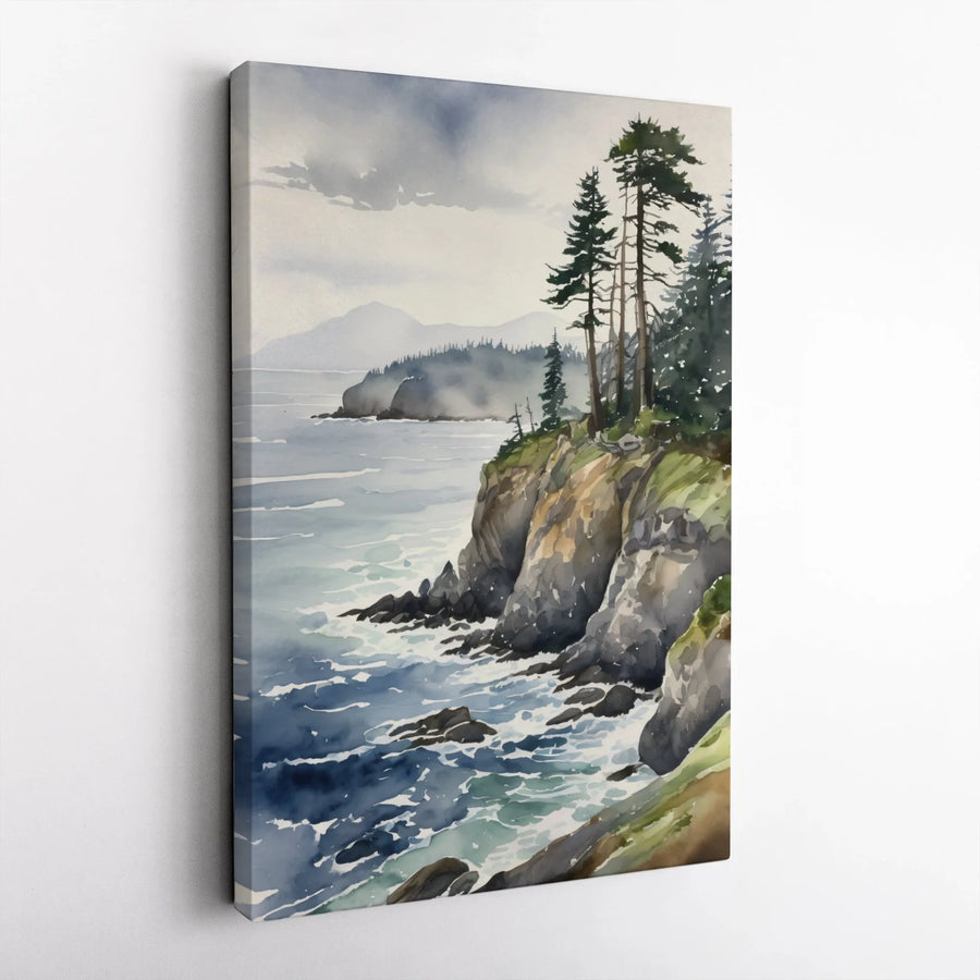 Coastal Landscape Canvas Art | Watercolor Pine Tree Rocky Cliff Print | Premium Gallery Wrap Wall Decor | Nature-Inspired Home Office Gift