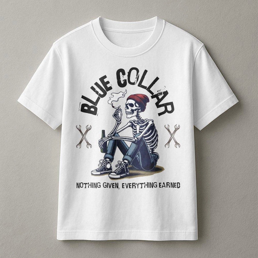 Blue Collar T-Shirt | Nothing Given Everything Earned Graphic | Premium Cotton Tradesman Apparel | Gift For Mechanic Welder Construction Worker