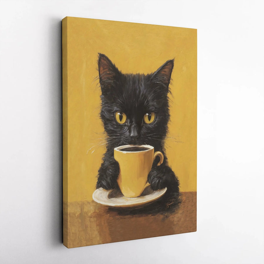 Black Cat Coffee Canvas Print | Whimsical Yellow Eyed Kitten Painting | 1.25 Inch Gallery Wrap Wall Art | Premium Kitchen Coffee Bar Gift