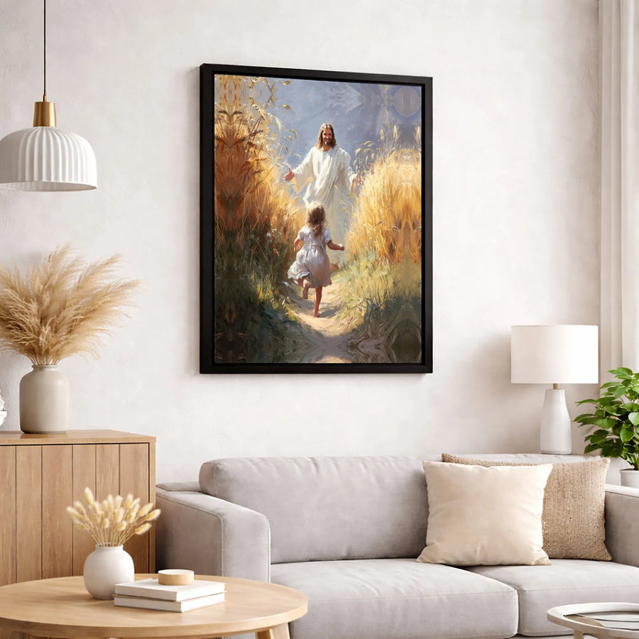 Jesus With Girl In Wheat Field Canvas Art | Religious Wall Decor | Premium Fade-Resistant Print | Spiritual Christian Gift for Home