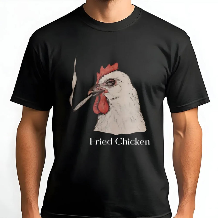 Fried Chicken Graphic T-Shirt | Smoking Rooster Funny Weed Design | Premium Soft Cotton Tee | Hilarious 420 Gift for Stoners and Friends