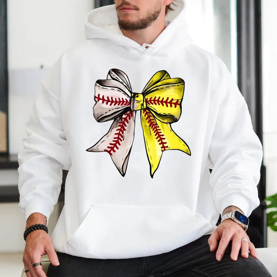 Baseball Softball Bow Hoodie | Coquette Sports Aesthetic Graphic | Premium Cotton Blend | Gift for Baseball Mom or Player