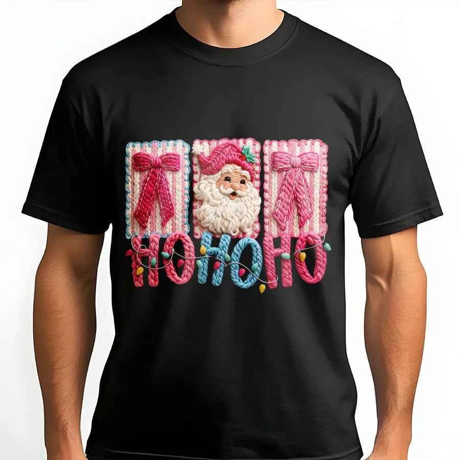 Pink Santa Claus T-Shirt | Faux Yarn Stitched Design | Premium Soft Cotton | Festive Christmas Ho Ho Ho Gift For Women
