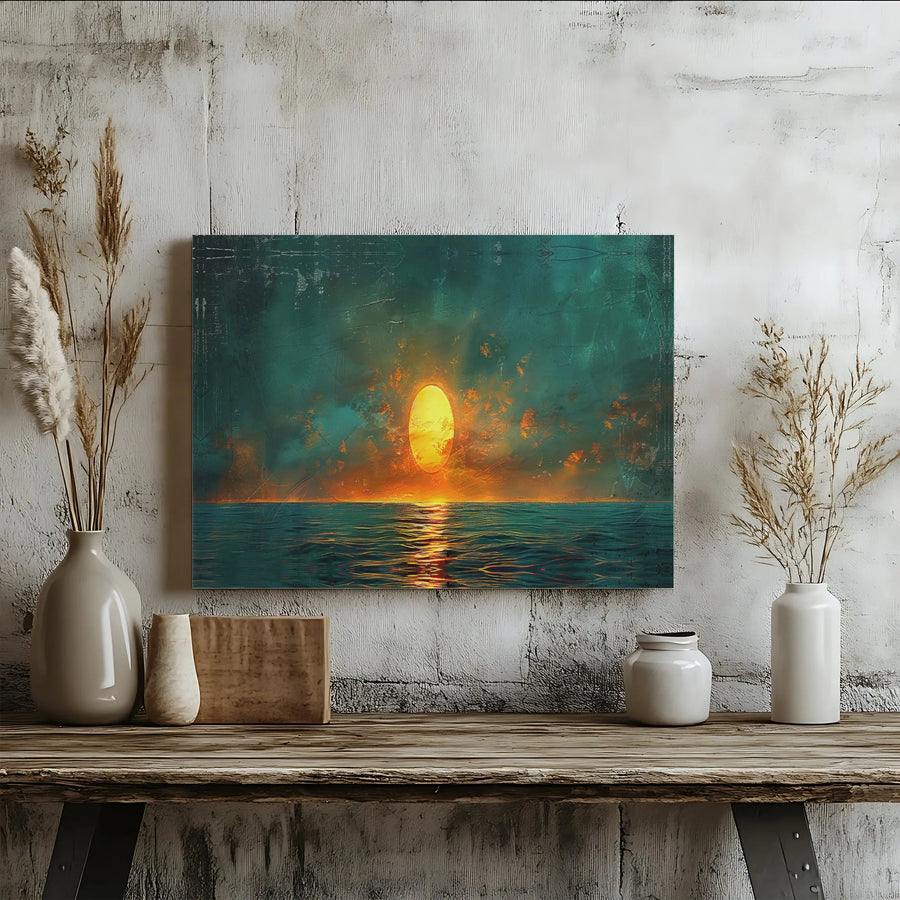Abstract Ocean Sunset Canvas Wall Art | Glowing Gold Sun Horizon Print | Premium 1.25-Inch Gallery Wrap | Modern Home Decor Gift