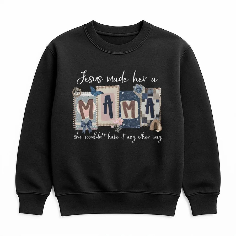 Christian Mom Sweatshirt | Jesus Made Her A Mama Quilt Graphic Tee | Soft Cotton Apparel | Faith Based Gift for Her, Mother's Day Present