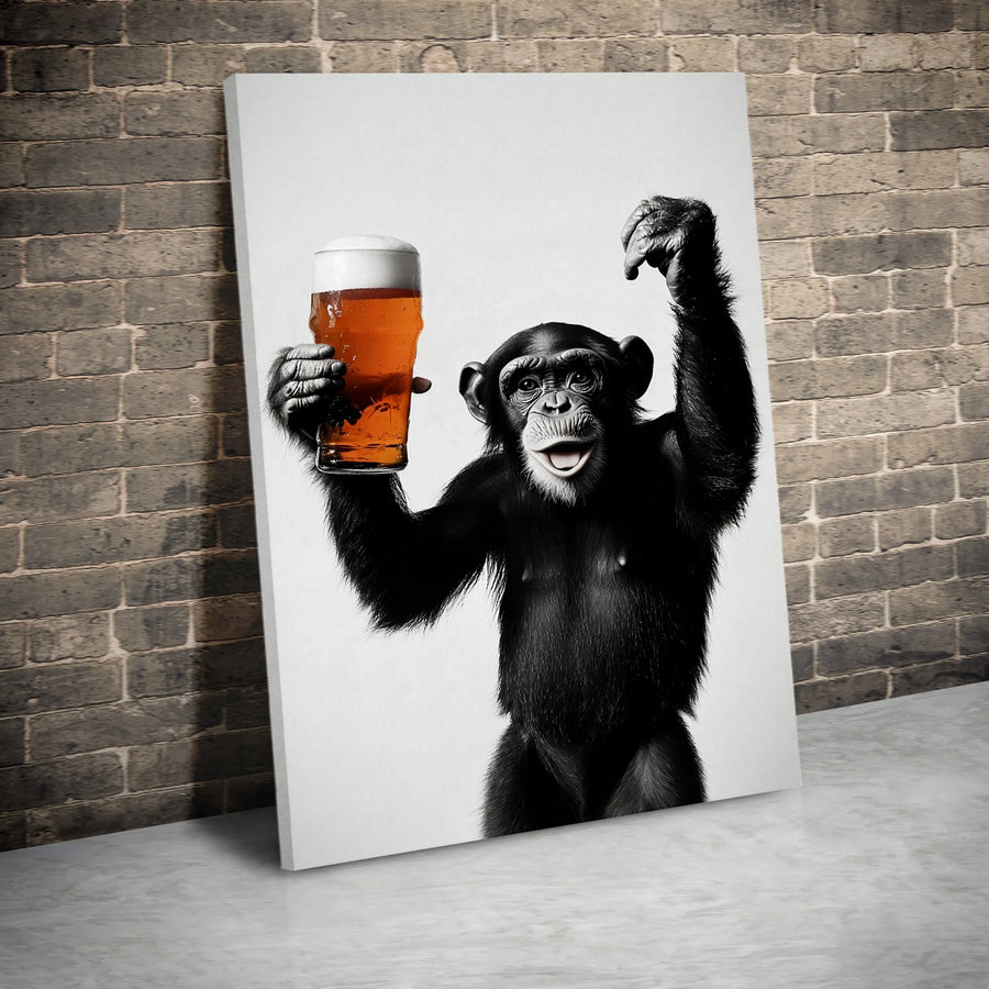 Funny Chimp with Beer Canvas Print | Black and White Animal Photography | Premium Gallery Wrapped Canvas | Man Cave Decor Gift for Beer Lover