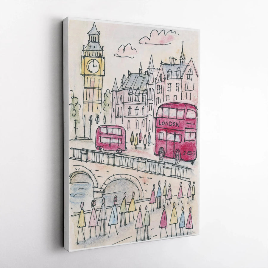 London Canvas Wall Art | Big Ben & Red Bus Watercolor Sketch | 1.25” Gallery Wrap | Travel Gift for Travel Lovers