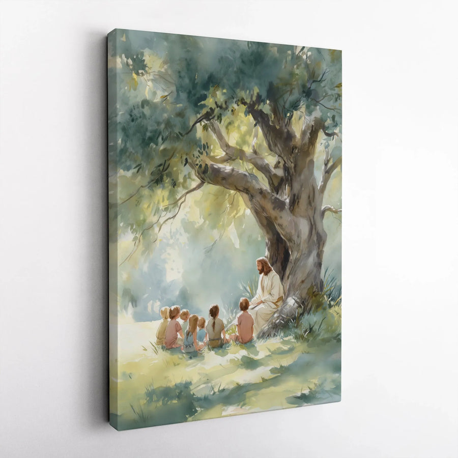 Jesus Teaching Children Canvas Wall Art | Watercolor Religious Scene | Premium Gallery Wrap | Inspirational Christian Home Decor Gift