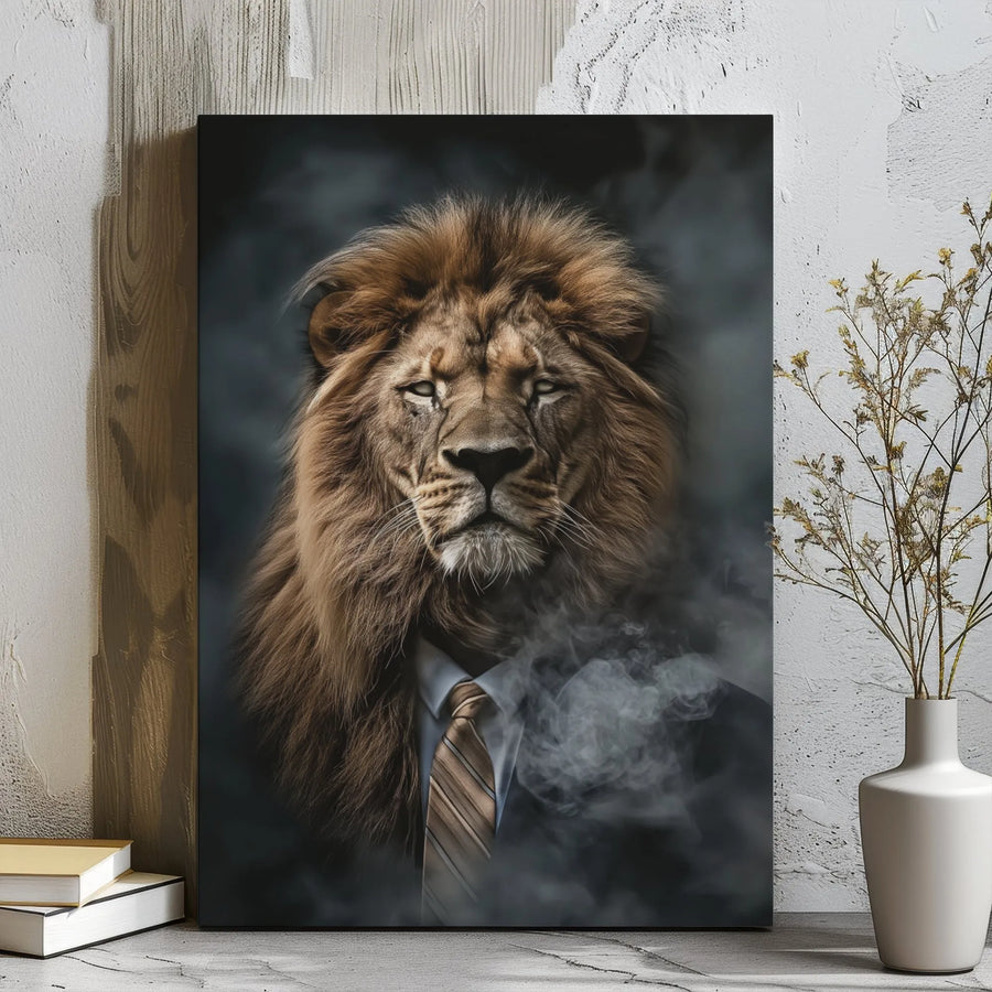 Lion in Suit Canvas Wall Art | Smoking Lion Portrait | Premium Gallery Wrapped Decor | Motivational Office Gift for Men