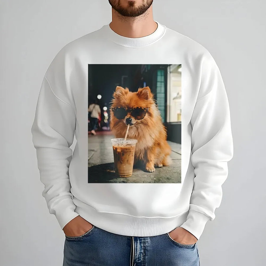 Pomeranian Dog Sweatshirt | Funny Dog with Sunglasses Drinking Coffee | Premium Cotton Blend Pullover | Gift for Dog Lover & Coffee Fan