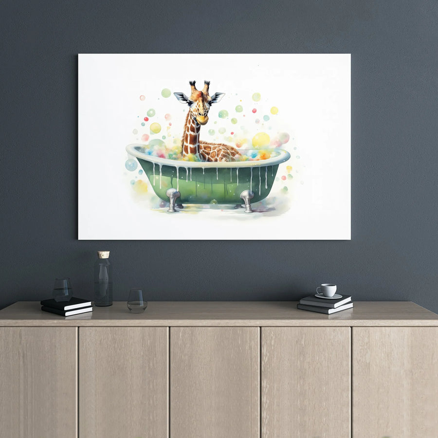 Watercolor Giraffe In Bathtub Canvas | Whimsical Animal Bathroom Wall Art | Premium Gallery Wrap Decor | Fun Nursery or Kids Room Gift Idea