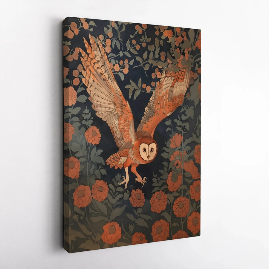 Art Nouveau Barn Owl Canvas Print | Flying Owl With Orange Flowers | Premium Gallery-Wrapped Wall Art | Nature-Inspired Home Decor Gift