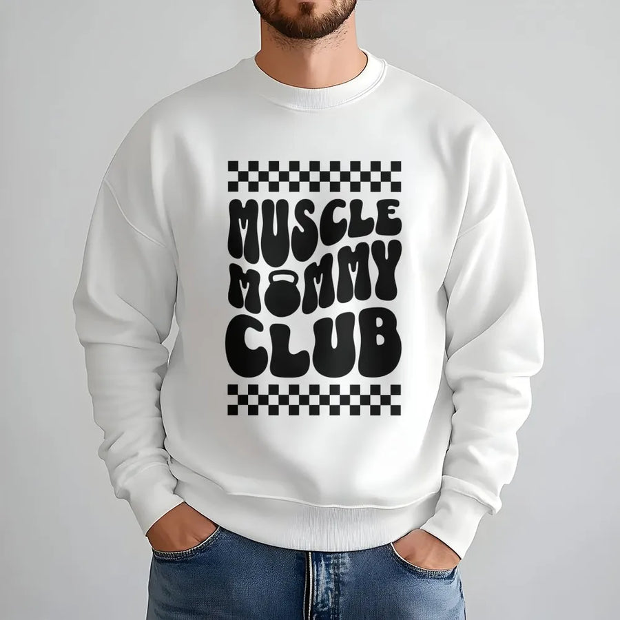 Muscle Mommy Club Sweatshirt | Retro Checkerboard Gym Graphic | Premium Cotton Blend | Funny Pump Cover Gift For Women Weightlifter
