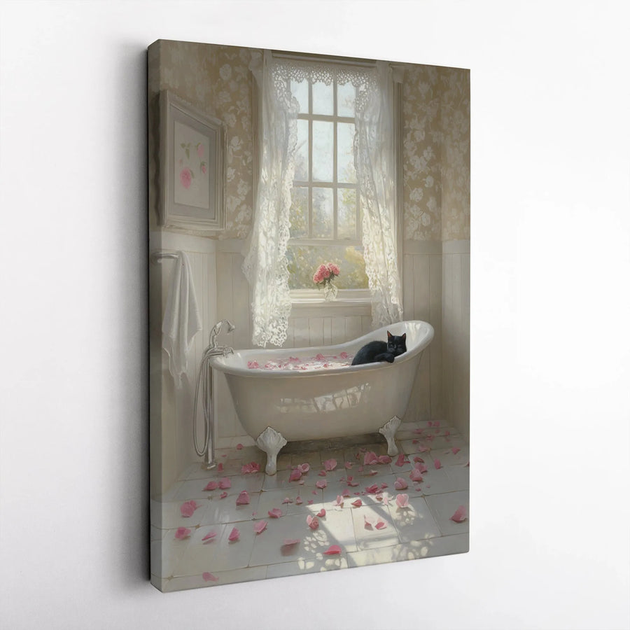 Black Cat in Clawfoot Bathtub Canvas | Whimsical Floral Bathroom Wall Art | Premium Gallery Wrap Decor | Gift for Cat Lovers