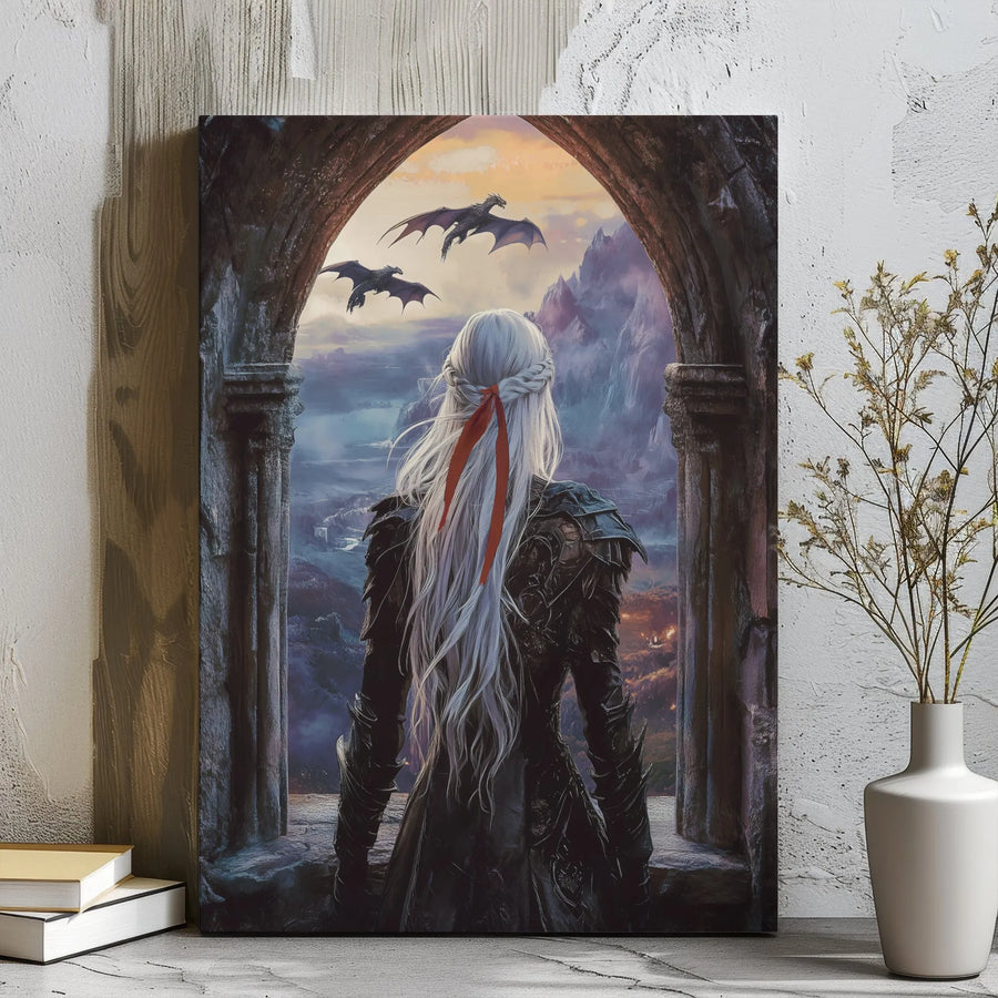 Fantasy Dragon Queen Canvas Wall Art | Warrior Princess Archway View | Premium Gallery Wrap Print | Epic Home Decor Gift for Fantasy Lovers