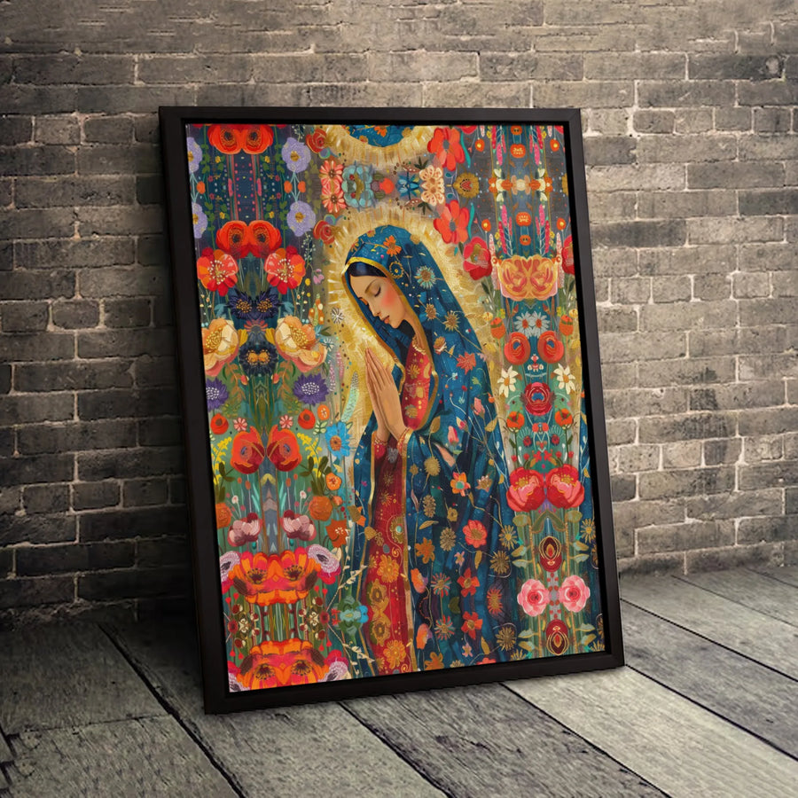 Virgin Mary Canvas Print | Colorful Floral Folk Art Wall Decor | Gallery Quality 1.25" Profile | Religious Home Gift