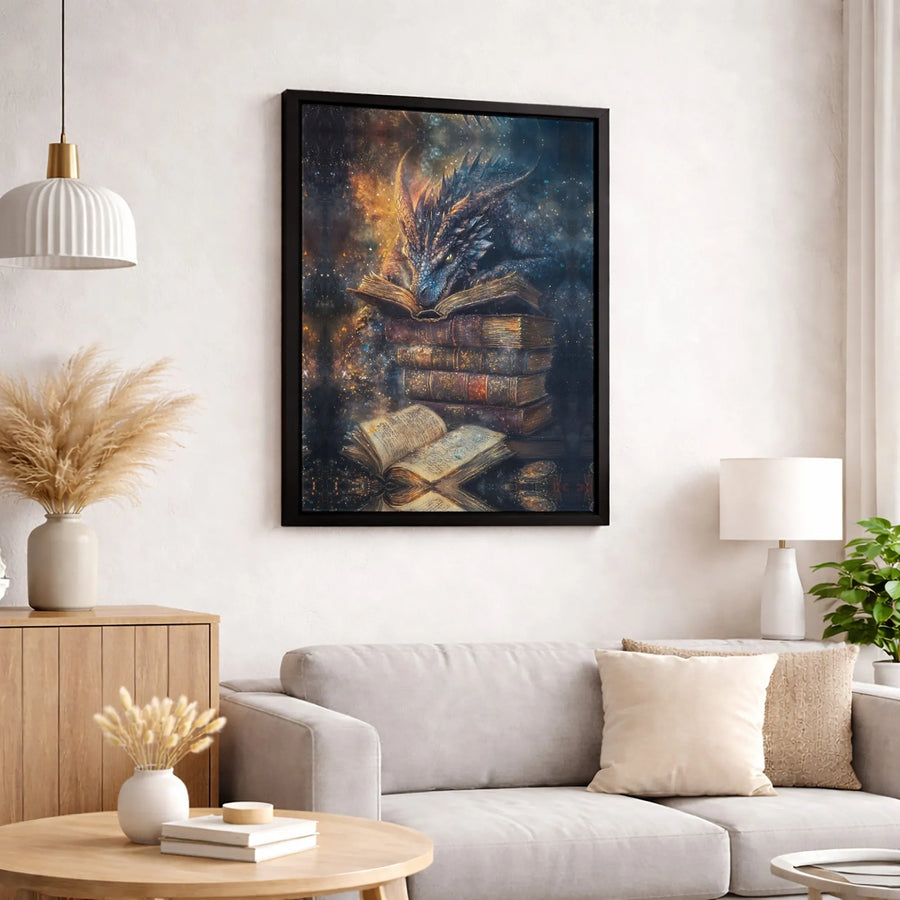 Dragon Reading Books Canvas Art | Cosmic Fantasy Wall Decor | Premium 1.25 Inch Gallery Wrap | Gift for Readers & Fantasy Art Collectors