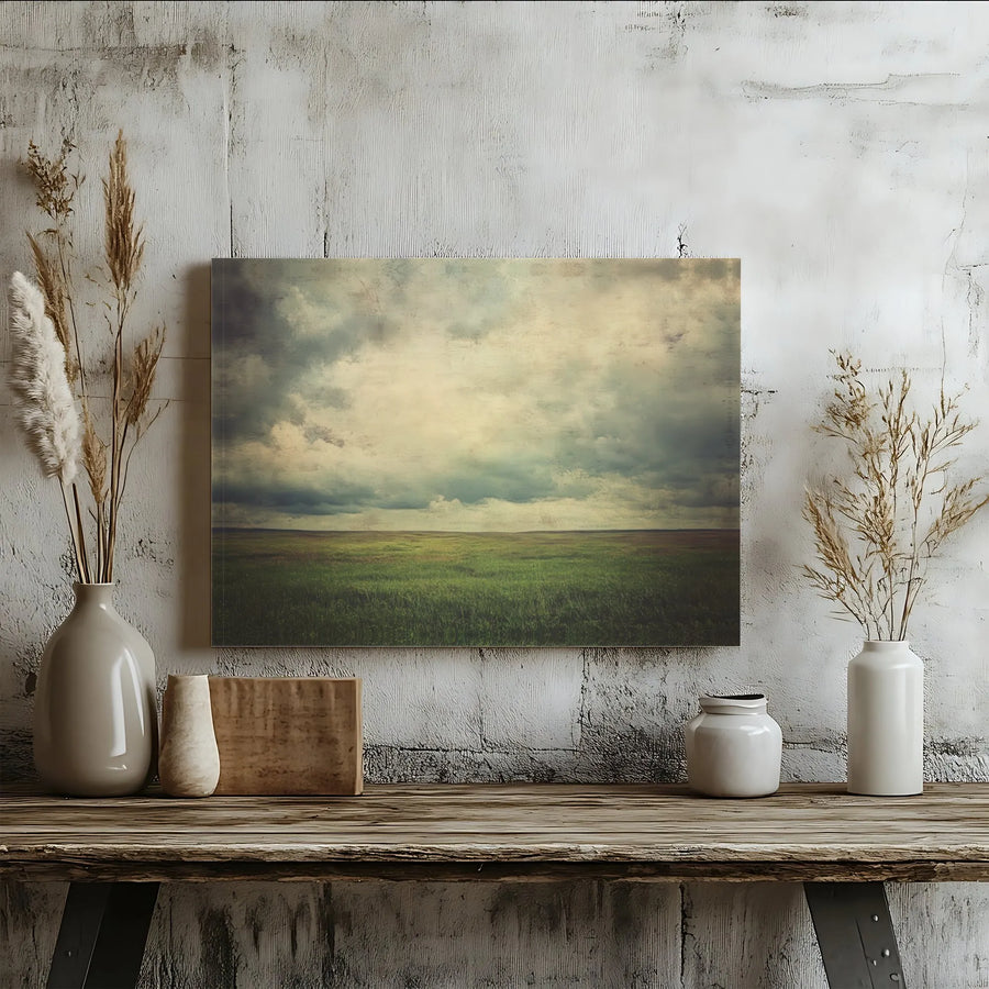 Moody Landscape Wall Art | Stormy Sky Over Grassy Field Canvas | Premium Gallery Wrapped Print | Nature Inspired Modern Home Decor