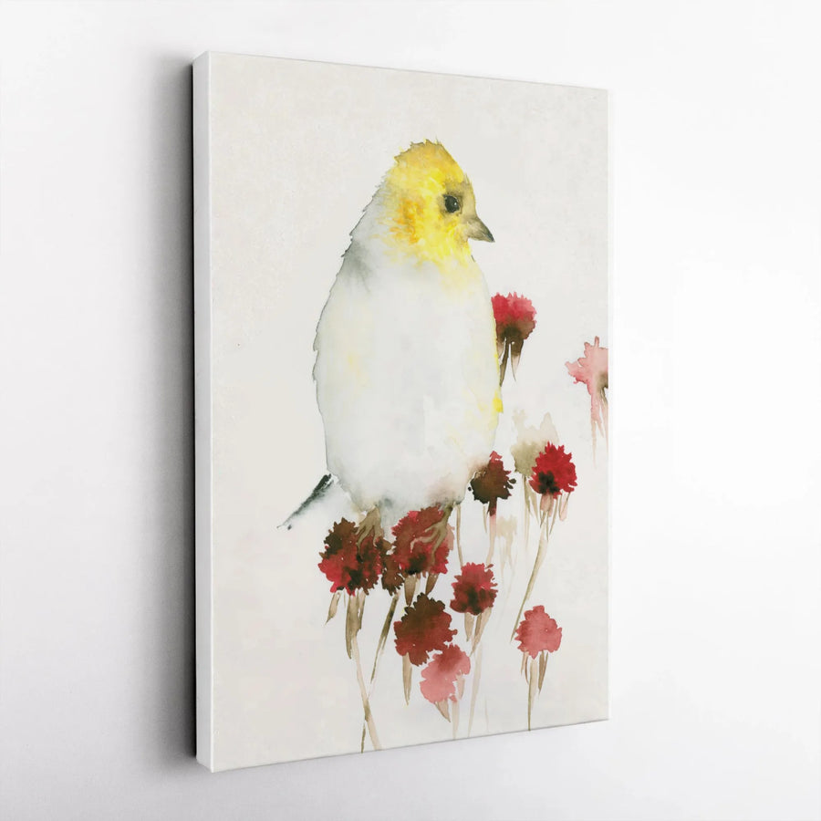 Watercolor Bird Canvas Wall Art | Minimalist Yellow Songbird Painting on Red Flowers | Premium Gallery Wrap | Nature Lover Home Decor Gift