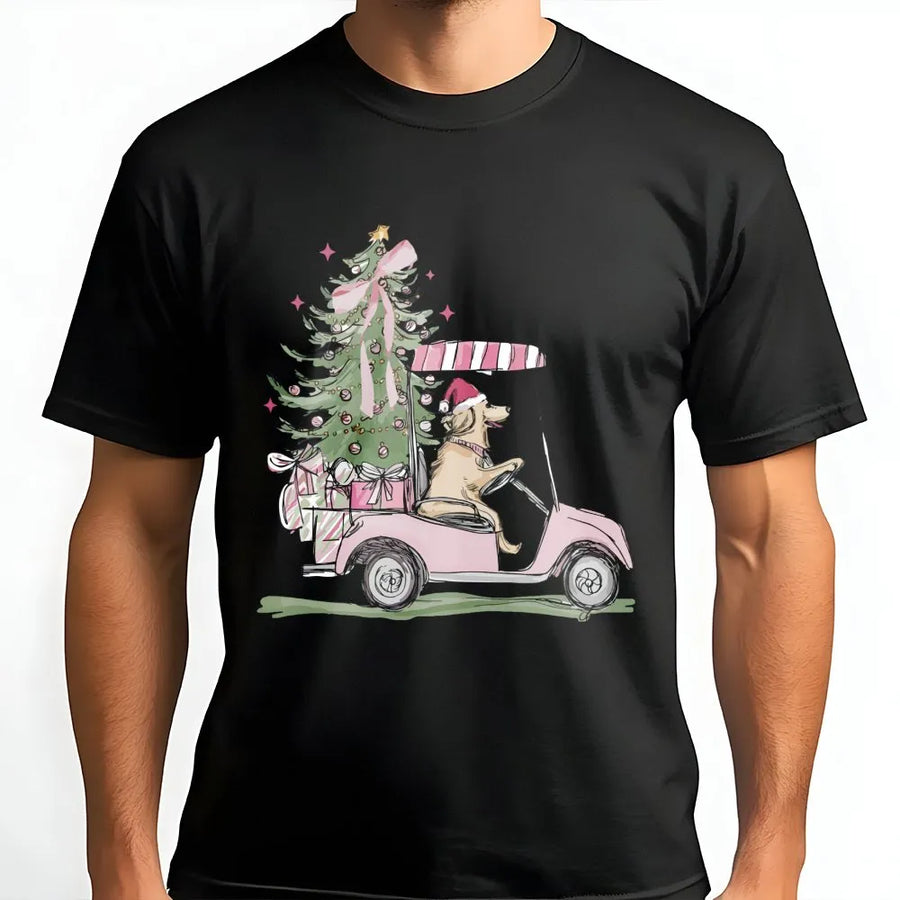 Christmas Golden Retriever T-Shirt | Golf Cart Holiday Graphic | Premium Soft Cotton | Funny Dog Lover Gift for Christmas Party