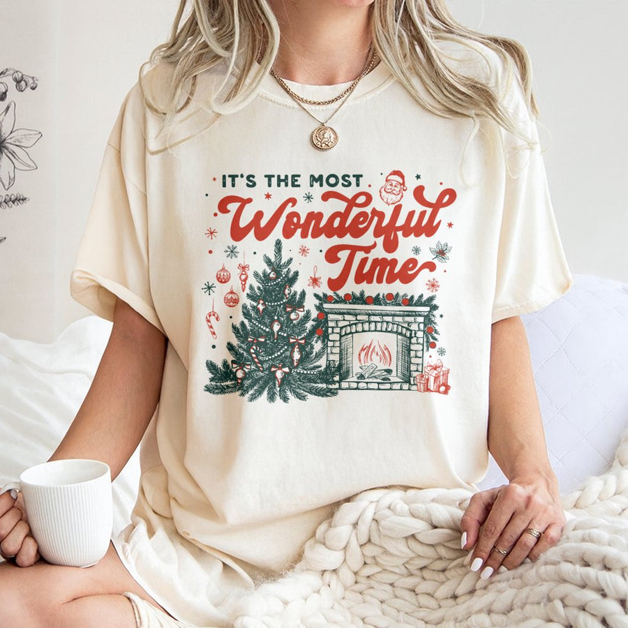 It's The Most Wonderful Time Christmas T-Shirt | Retro Festive Fireplace Graphic | Premium 100% Cotton | Cozy Holiday Gift for Family