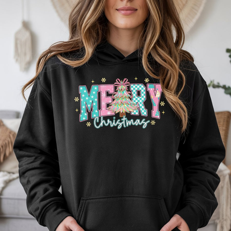 Merry Christmas Hoodie | Pastel Aesthetic Checkered Tree Graphic | Soft Cotton-Blend Pullover | Festive Holiday Gift for Women and Teens