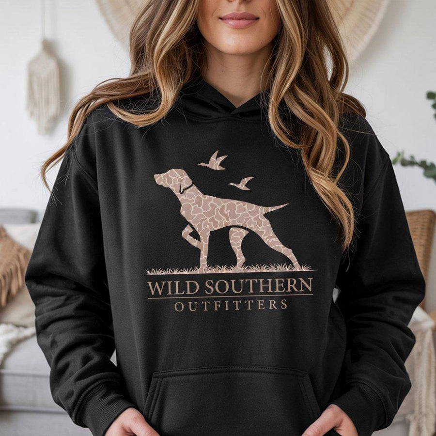 Hunting Dog Hoodie | Camo Pointer Bird Dog Graphic | Premium Cotton Blend | Southern Outdoor Country Gift for Men and Women