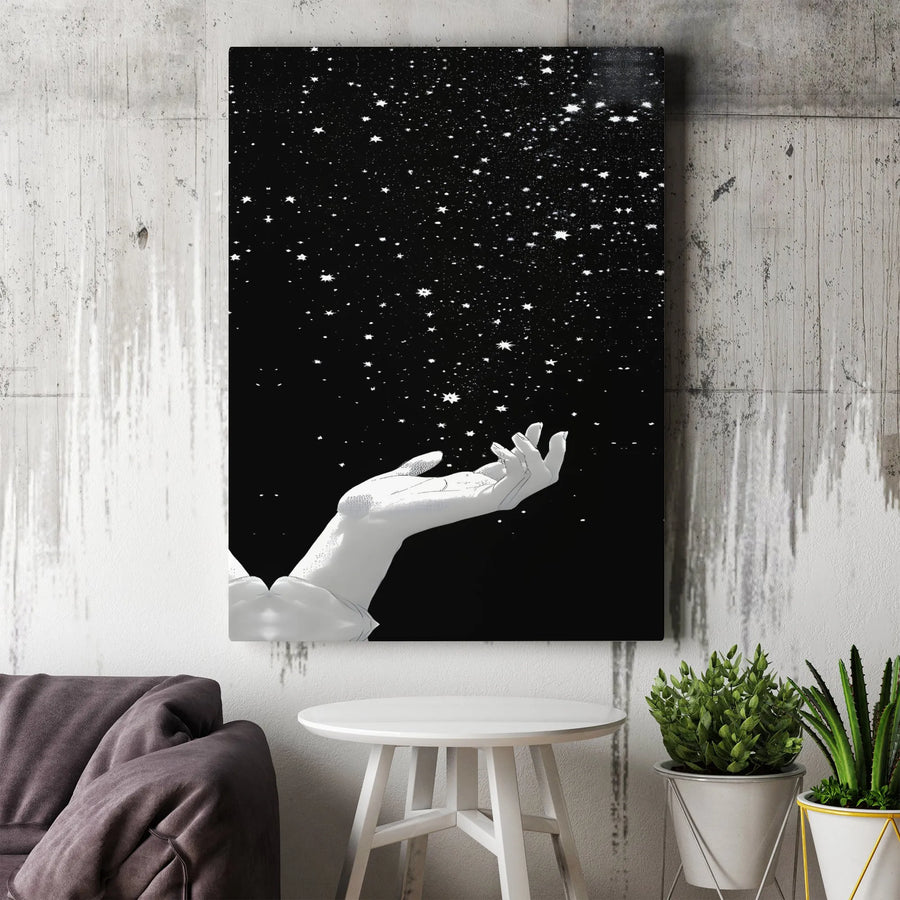 Celestial Hand Catching Stars Canvas Wall Art | Minimalist Night Sky Illustration | Gallery-Quality Fade-Resistant Print | Modern Home Decor Gift