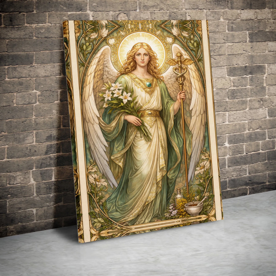 Archangel Raphael Canvas Wall Art | Art Nouveau Healing Angel Print | Premium Gallery Canvas | Spiritual Home Decor Gift