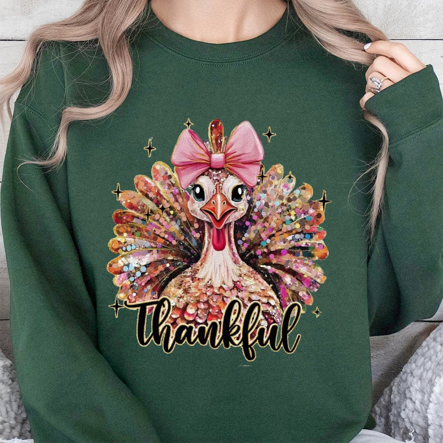 Thankful Turkey Sweatshirt | Coquette Aesthetic with Pink Bow | Premium Cotton Blend | Cute Thanksgiving Gift for Women and Girls