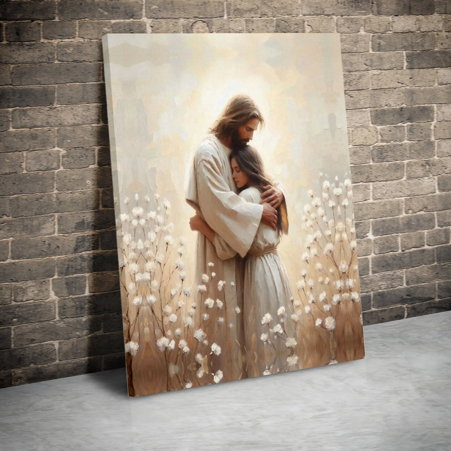 Jesus Embracing Woman Canvas Print | Serene Religious Art | Premium Gallery-Wrapped Wall Decor | Meaningful Christian Home Gift