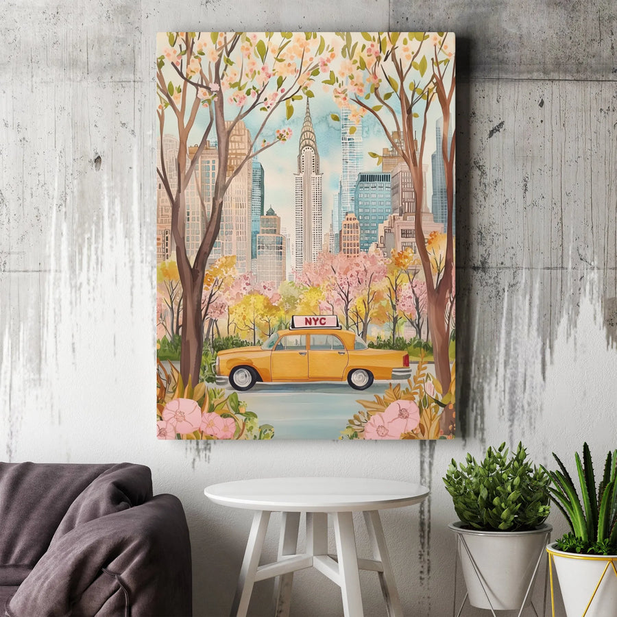 NYC Canvas Wall Art | Watercolor Yellow Taxi & Cherry Blossoms | Premium Gallery Wrap Print | Romantic New York City Home Decor Gift