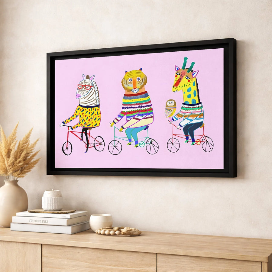 Whimsical Animal Wall Art | Zebra Tiger Giraffe Riding Bicycles | Premium Gallery Wrap Canvas | Cute Nursery Decor or Kids Room Gift