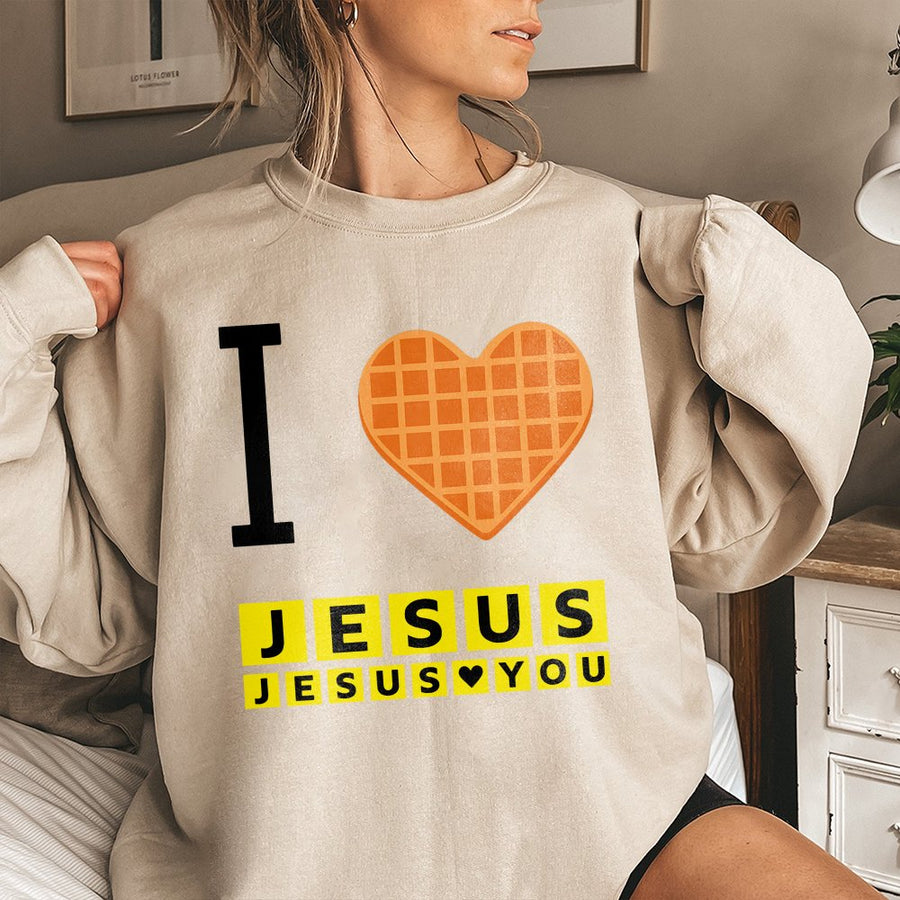 I Love Jesus Waffle Heart Sweatshirt | Funny Christian Breakfast Graphic | Premium Cotton Blend | Religious Gift for Men and Women