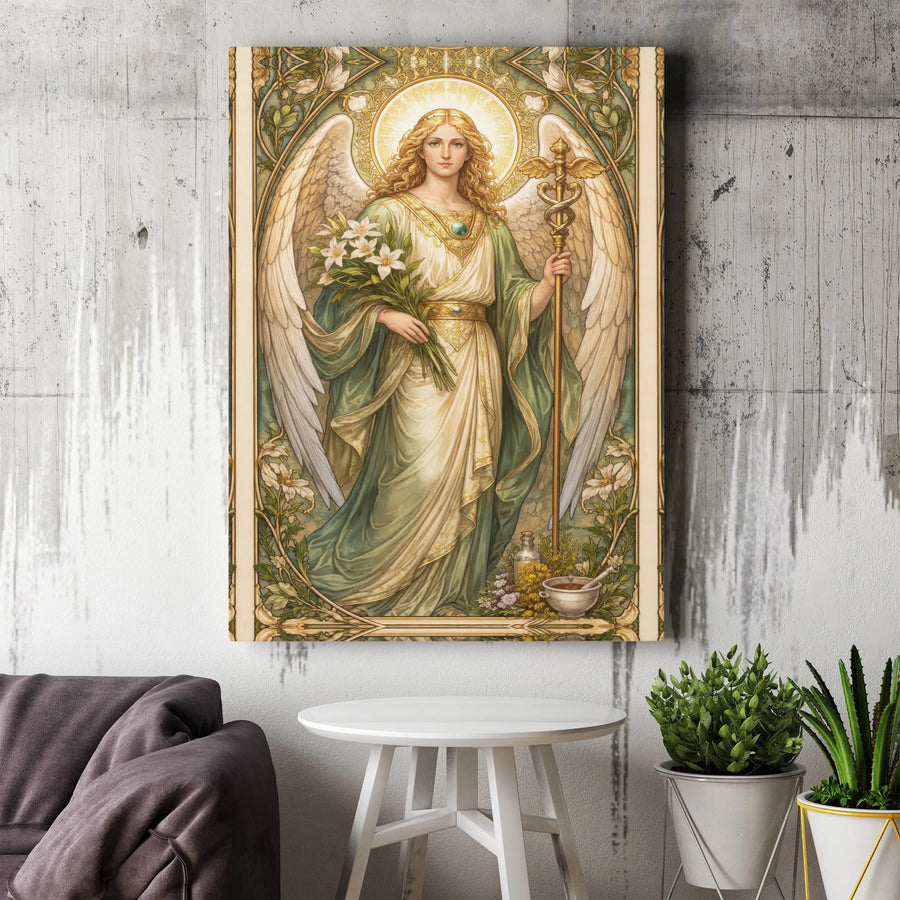 Archangel Raphael Canvas Wall Art | Art Nouveau Healing Angel Print | Premium Gallery Canvas | Spiritual Home Decor Gift