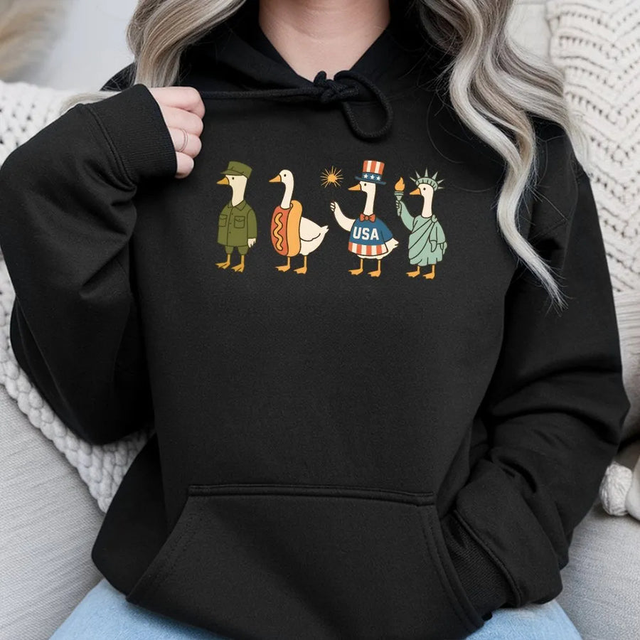Funny 4th of July Goose Hoodie | Patriotic USA Geese Parade Graphic | Soft Cotton Blend Sweatshirt | Unisex Independence Day Gift