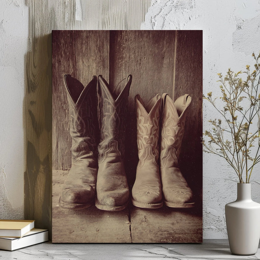 Western Cowboy Boots Canvas Wall Art | Rustic Sepia Farmhouse Photography | 1.25-Inch Gallery Wrap Print | Country Home Decor Gift