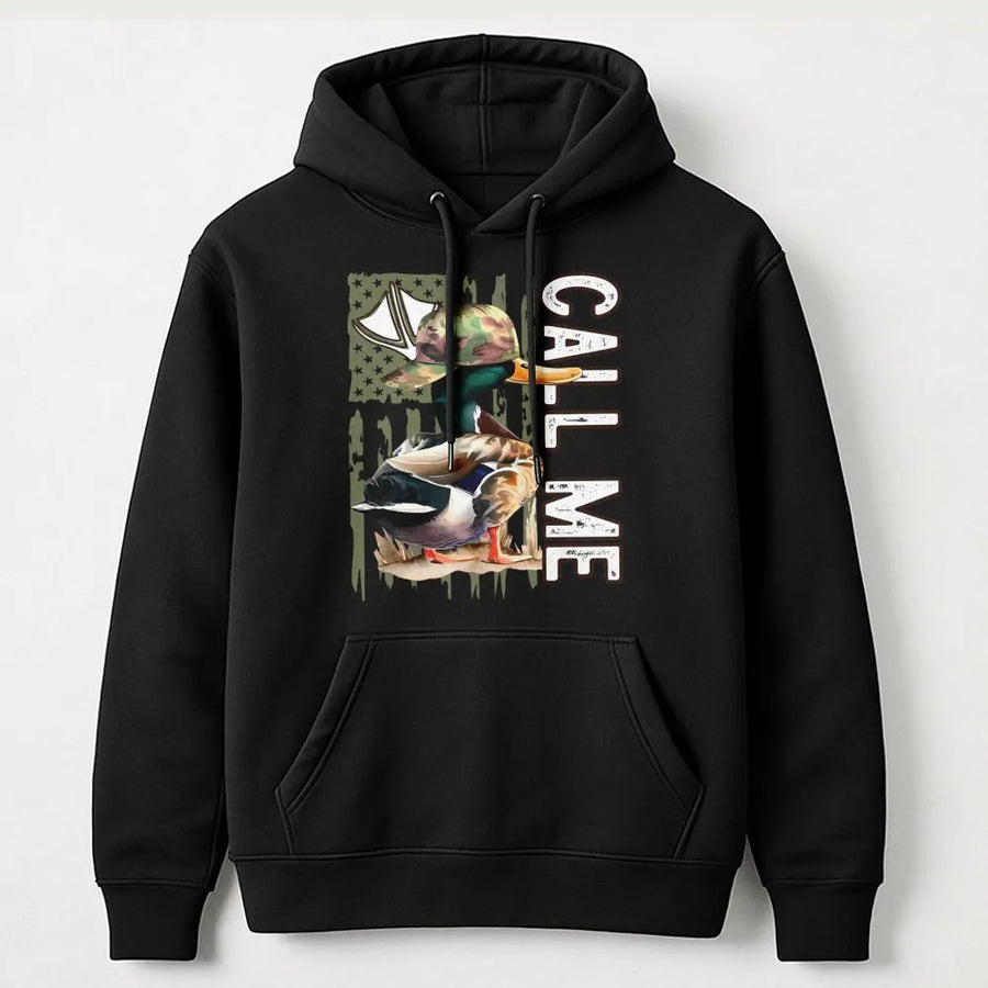 Call Me Mallard Duck Hunting Hoodie | Camo Cap American Flag Graphic | Premium Cotton Blend | Gift for Hunter and Outdoor Enthusiast