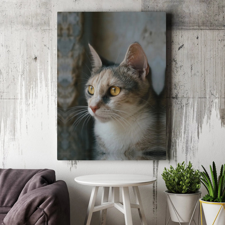 Calico Cat Canvas Wall Art | Realistic Animal Portrait with Yellow Eyes | Premium 1.25” Gallery Wrap | Gift for Cat Lovers & Home Decor