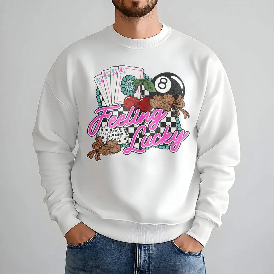Feeling Lucky Western Sweatshirt | Retro Checkered Casino Graphic | Premium Cotton Blend | Vintage Cowgirl Rodeo Gift