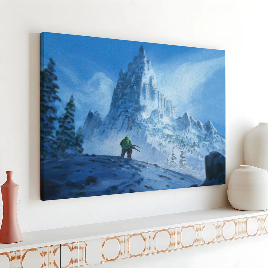 Fantasy Mountain Fortress Canvas Print | Lone Traveler Snowy Landscape Art | Premium Gallery Wrap Wall Decor | Gift for RPG Gamer & Fantasy Fans